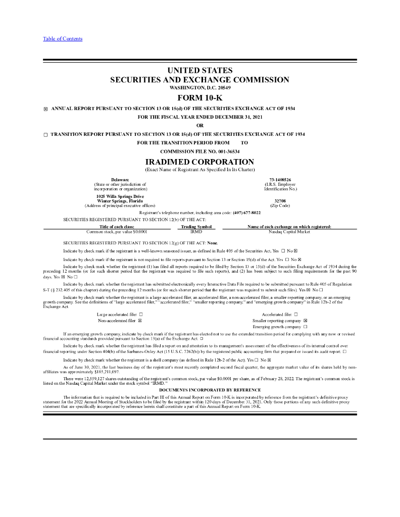 Iradimed Corp（IRMD）2021财年年度报告（英文版）