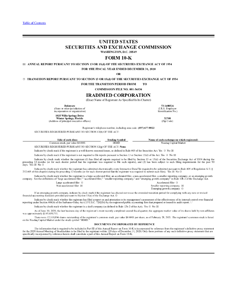 Iradimed Corp（IRMD）2020财年年度报告（英文版）