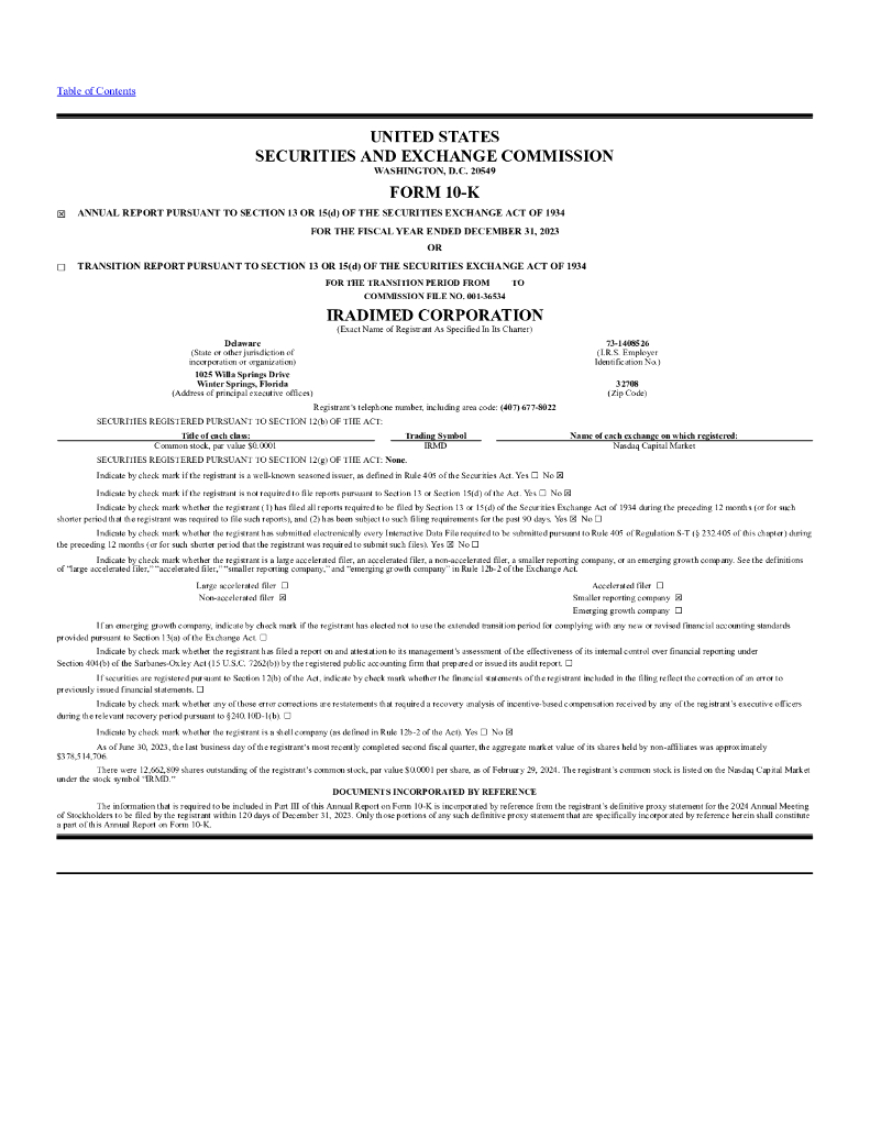 Iradimed Corp（IRMD）2023财年年度报告（英文版）