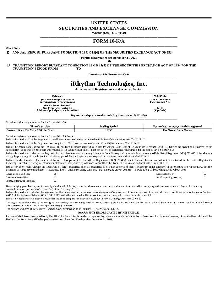 iRhythm Technologies,Inc.（IRTC）2021财年年度报告（英文版）