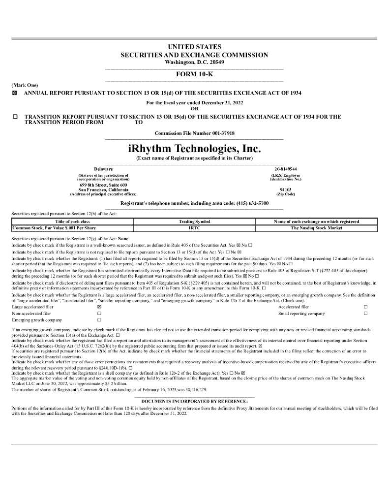 iRhythm Technologies,Inc.（IRTC）2022财年年度报告（英文版）
