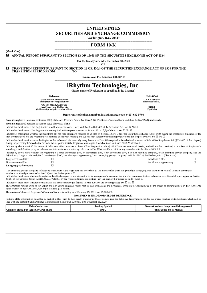 iRhythm Technologies,Inc.（IRTC）2020财年年度报告（英文版）