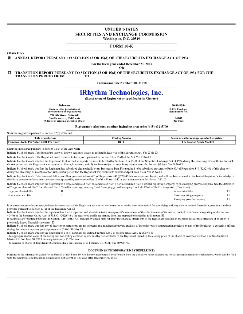 iRhythm Technologies,Inc.（IRTC）2023财年年度报告（英文版）