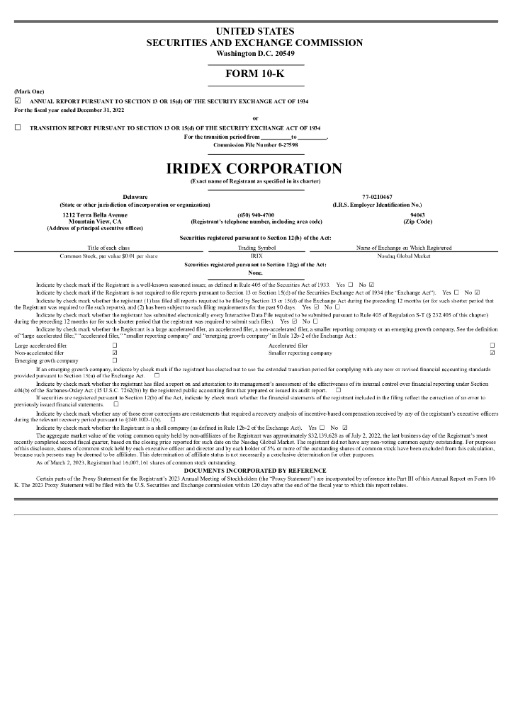 IRIDEX Corporation（IRIX）2022财年年度报告（英文版）