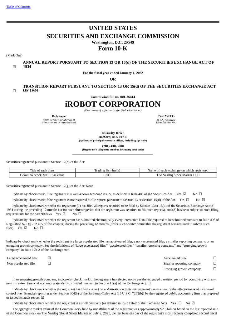 iRobot Corporation（IRBT）2021财年年度报告（英文版）