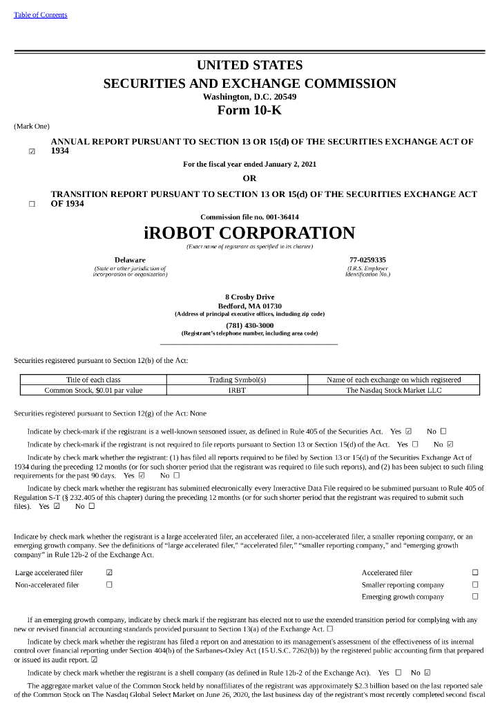iRobot Corporation（IRBT）2020财年年度报告（英文版）