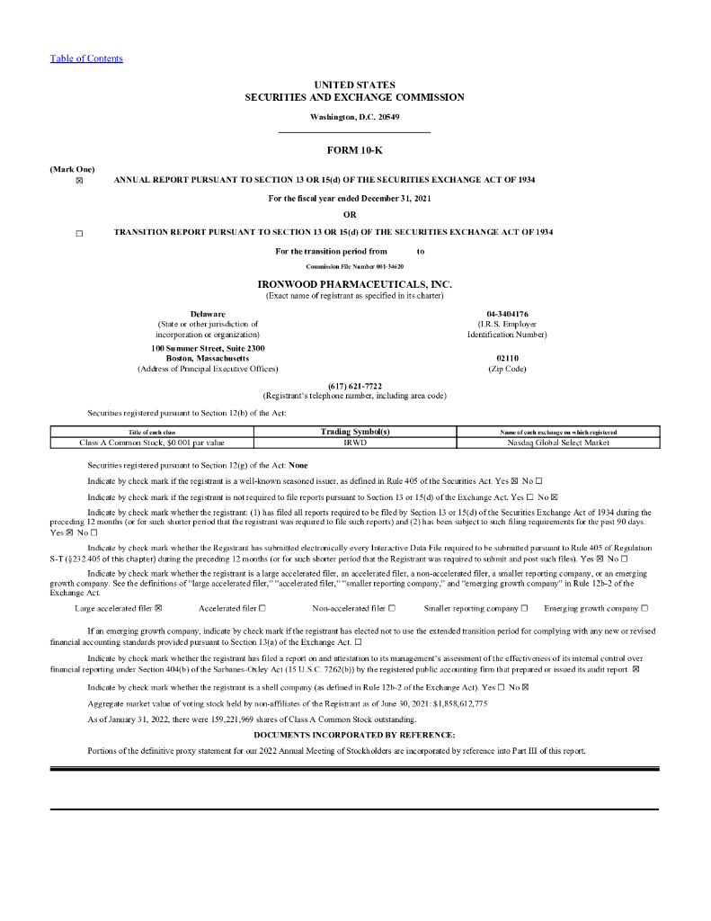 Ironwood Pharmaceuticals,Inc.（IRWD）2021财年年度报告（英文版）