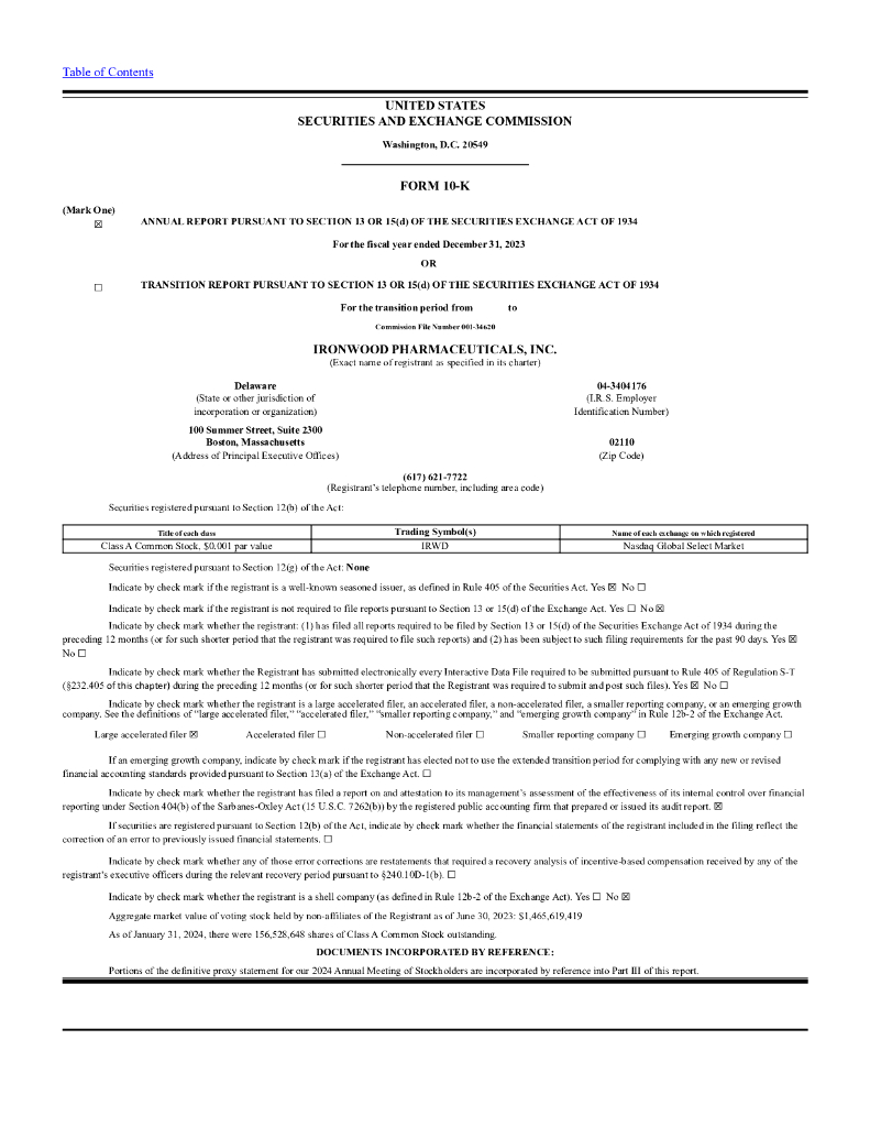 Ironwood Pharmaceuticals,Inc.（IRWD）2023财年年度报告（英文版）