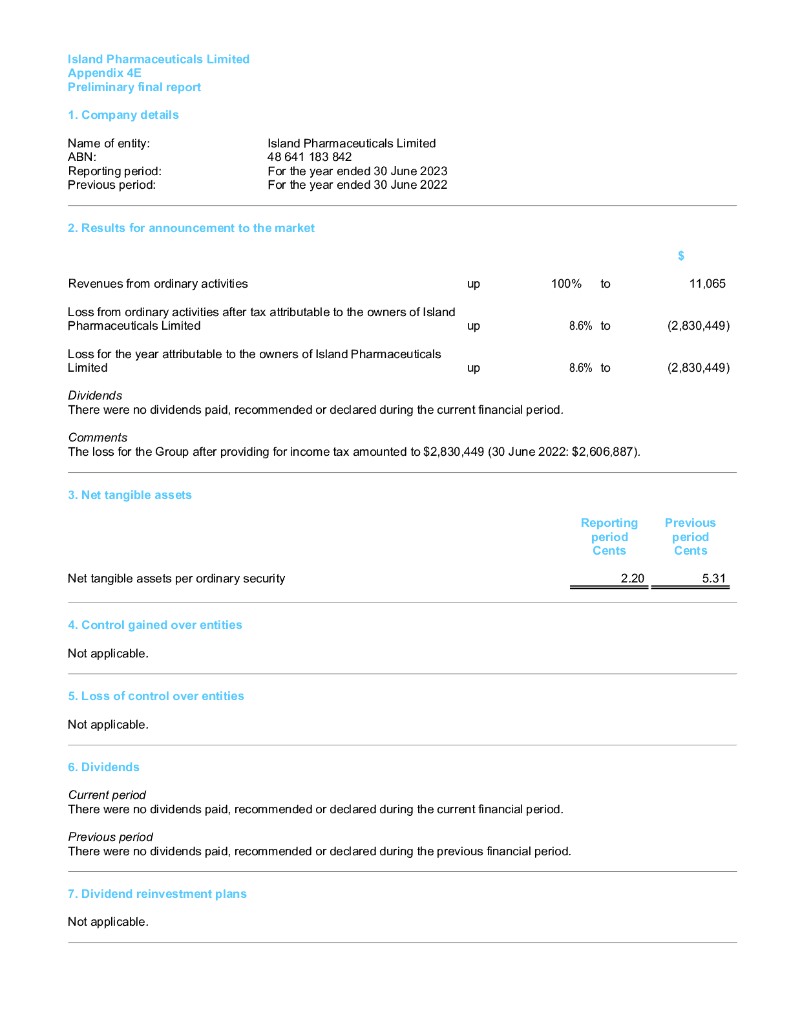 Island Pharmaceuticals（ILA）2023财年年度报告（英文版）
