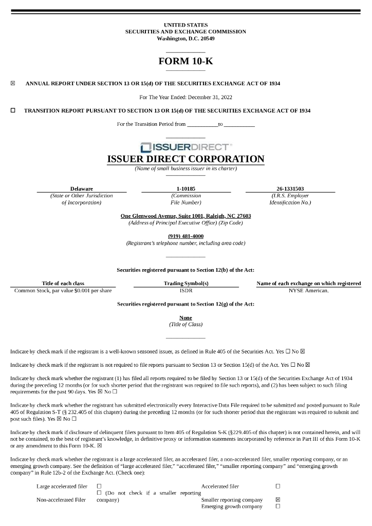 Issuer Direct Corporation（ISDR）2022财年年度报告（英文版）
