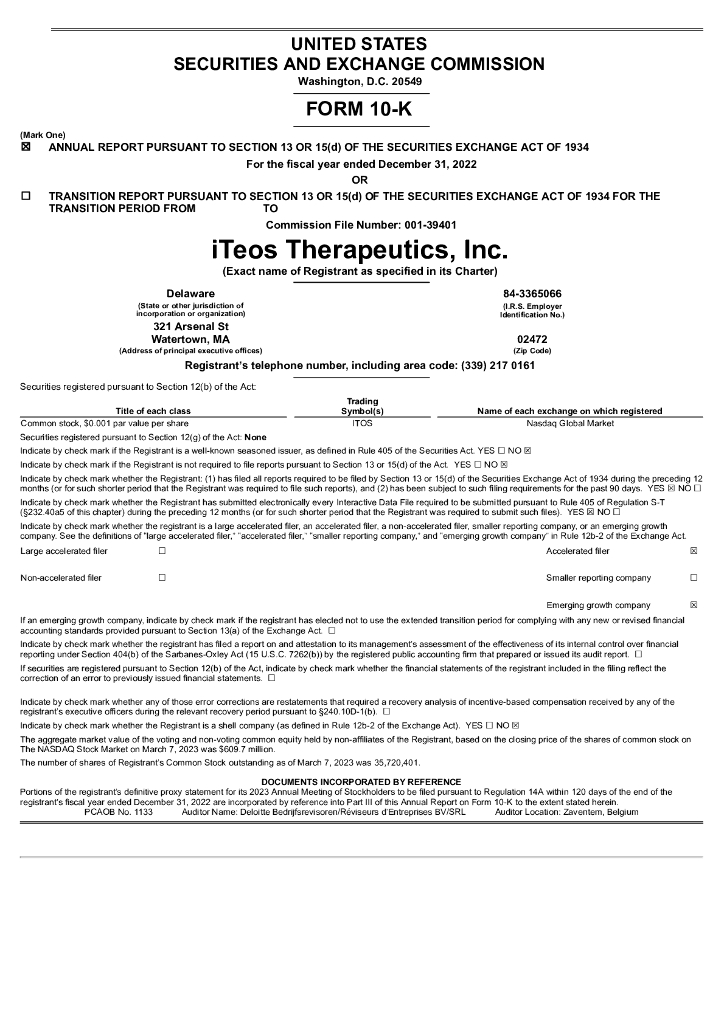 iTeos Therapeutics,Inc.（ITOS）2022财年年度报告（英文版）