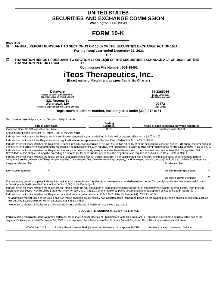 iTeos Therapeutics,Inc.（ITOS）2021财年年度报告（英文版）