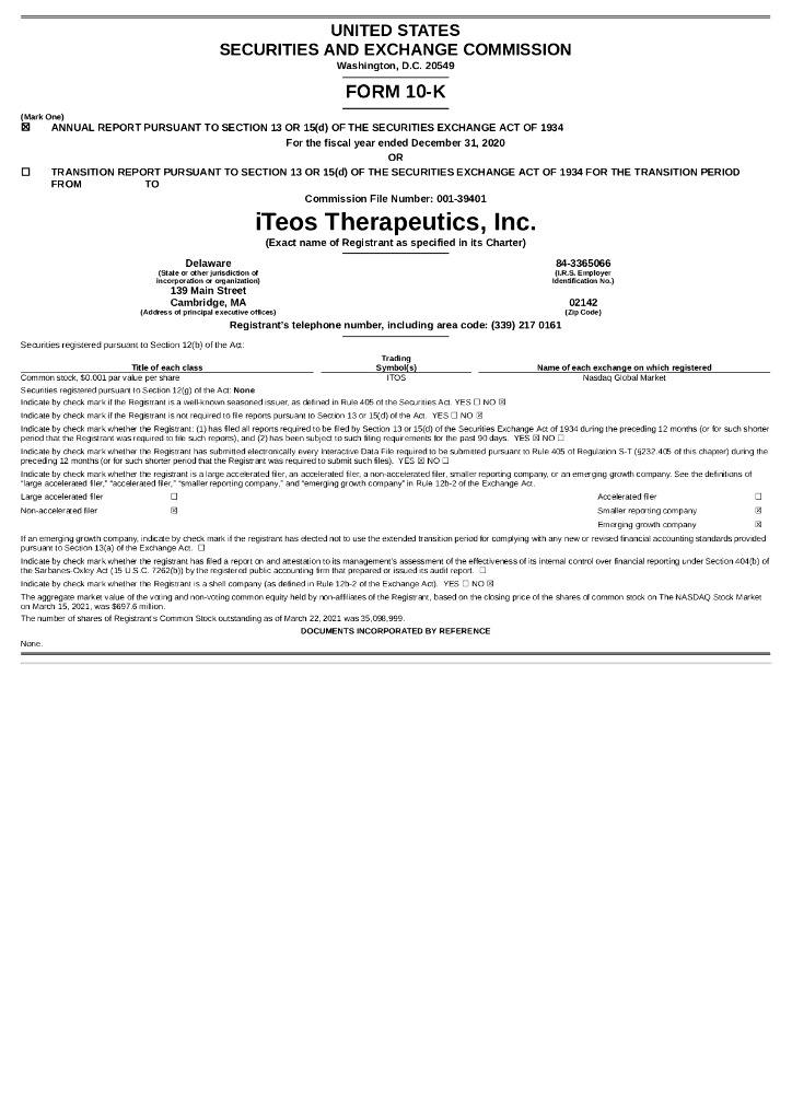 iTeos Therapeutics,Inc.（ITOS）2020财年年度报告（英文版）