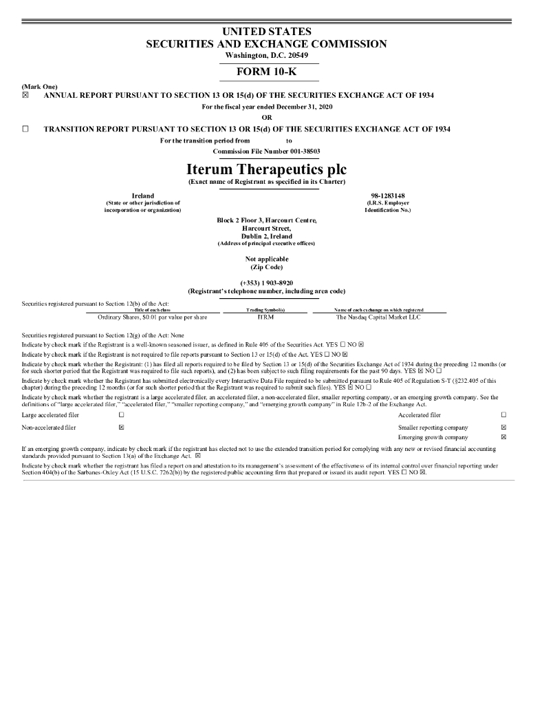 Iterum Therapeutics plc（ITRM）2020财年年度报告（英文版）