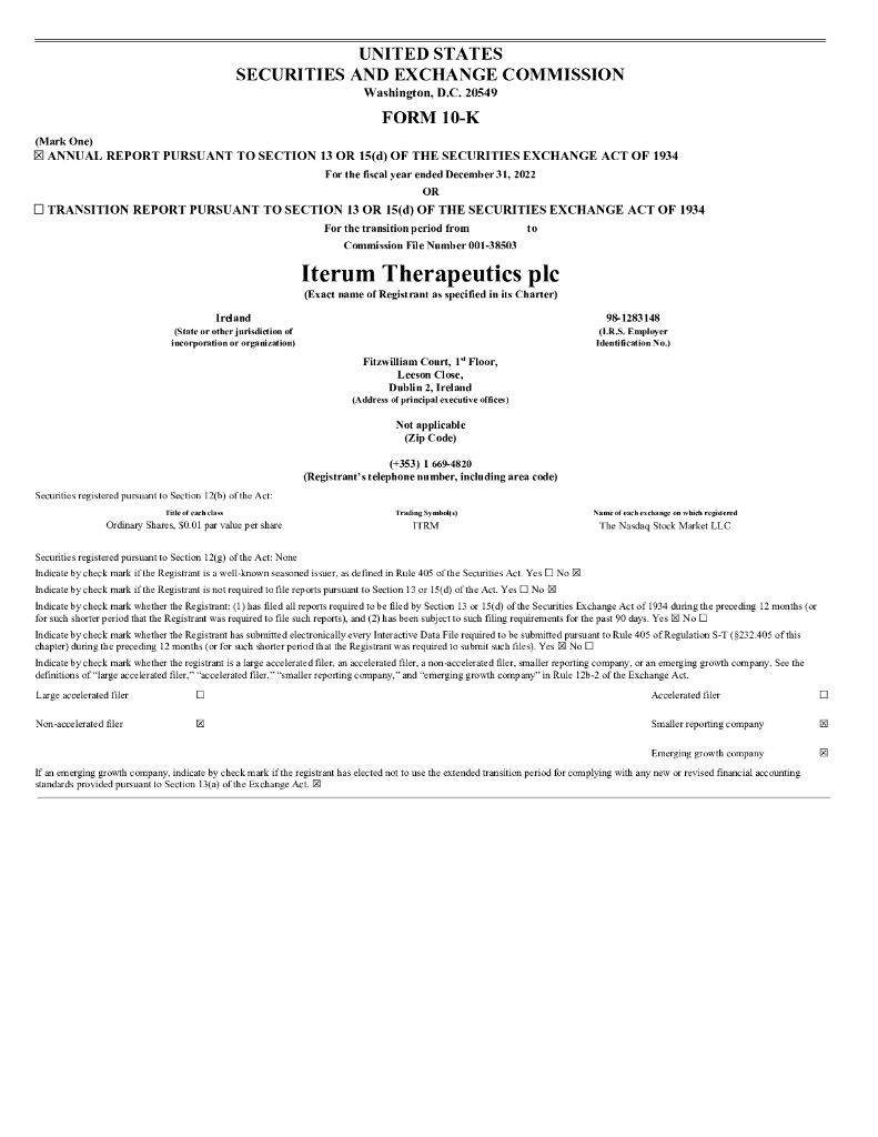 Iterum Therapeutics plc（ITRM）2022财年年度报告（英文版）