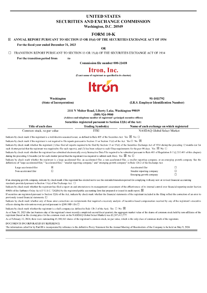 Itron,Inc.（ITRI）2023财年年度报告（英文版）