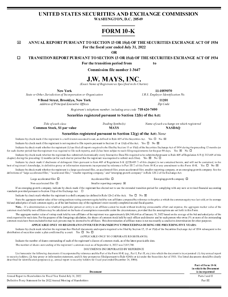 J.W.Mays,Inc.（MAYS）2022财年年度报告（英文版）