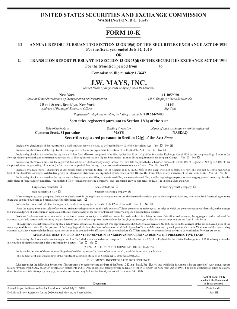 J. W. Mays, Inc.（MAYS）2020财年年度报告（英文版）