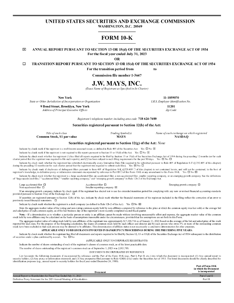 J. W. Mays, Inc.（MAYS）2023财年年度报告（英文版）