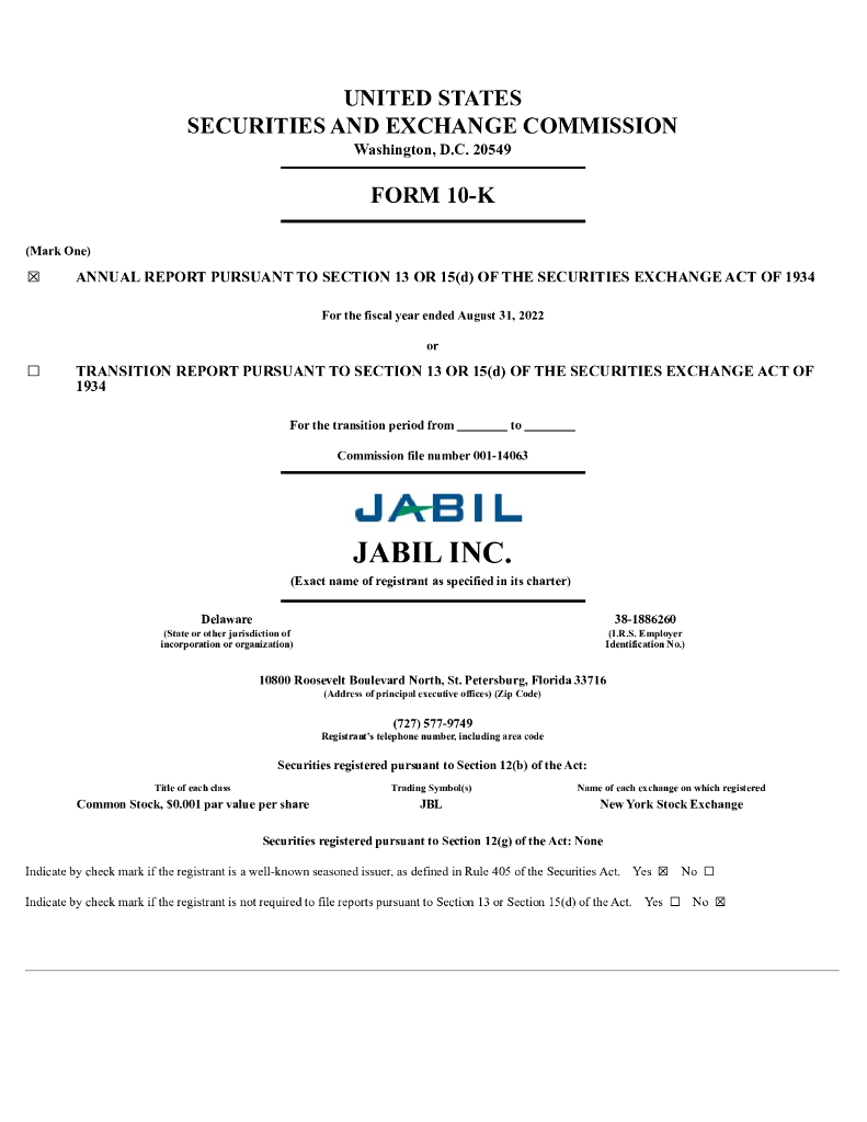 Jabil Circuit Inc.（JBL）2022财年年度报告（英文版）