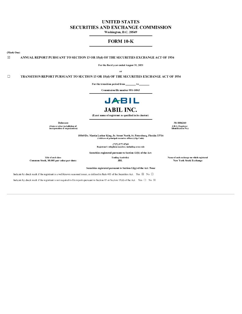 Jabil Circuit Inc.（JBL）2021财年年度报告（英文版）