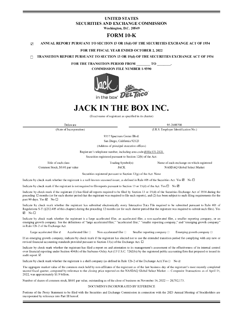 Jack in the Box Inc.（JACK）2022财年年度报告（英文版）