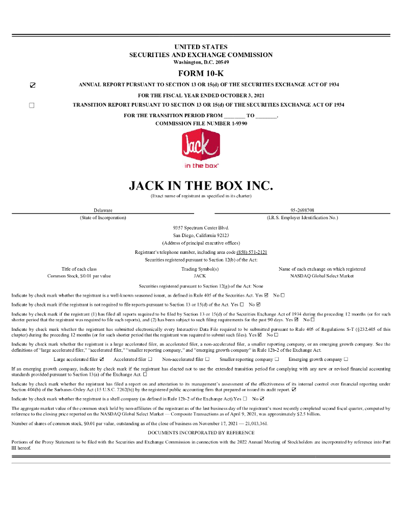 Jack in the Box Inc.（JACK）2021财年年度报告（英文版）