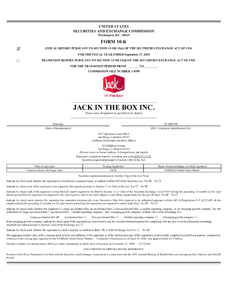 Jack in the Box Inc.（JACK）2020财年年度报告（英文版）