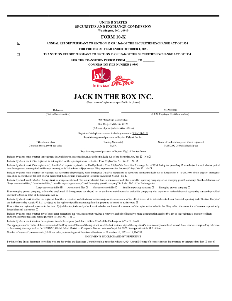 Jack in the Box Inc.（JACK）2023财年年度报告（英文版）