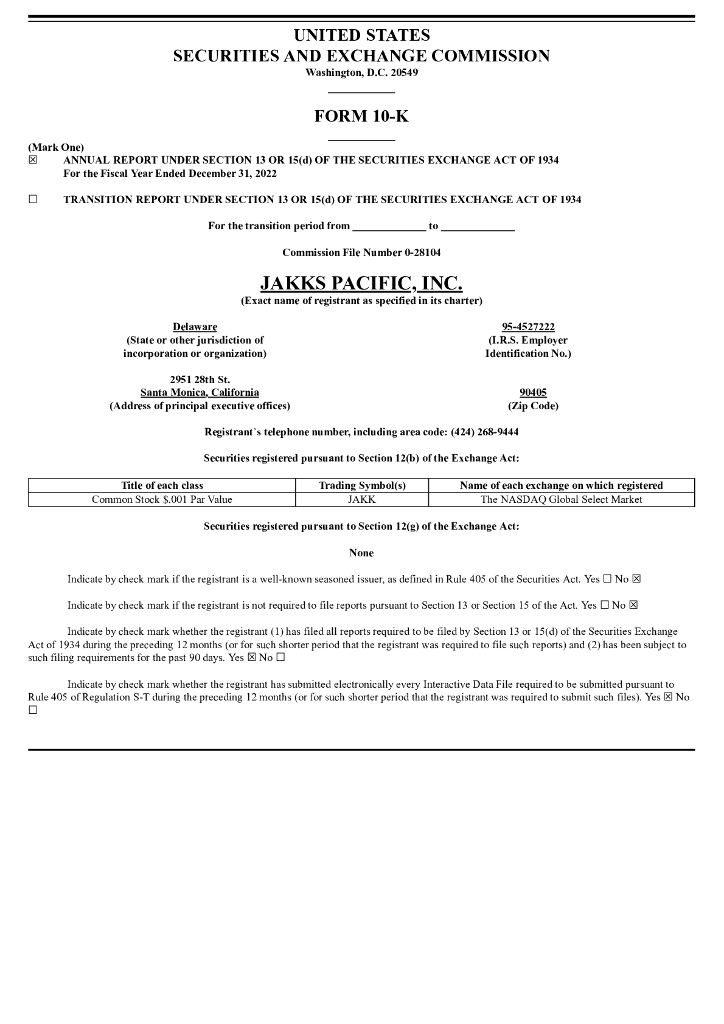 JAKKS Pacific Inc.（JAKK）2022财年年度报告（英文版）