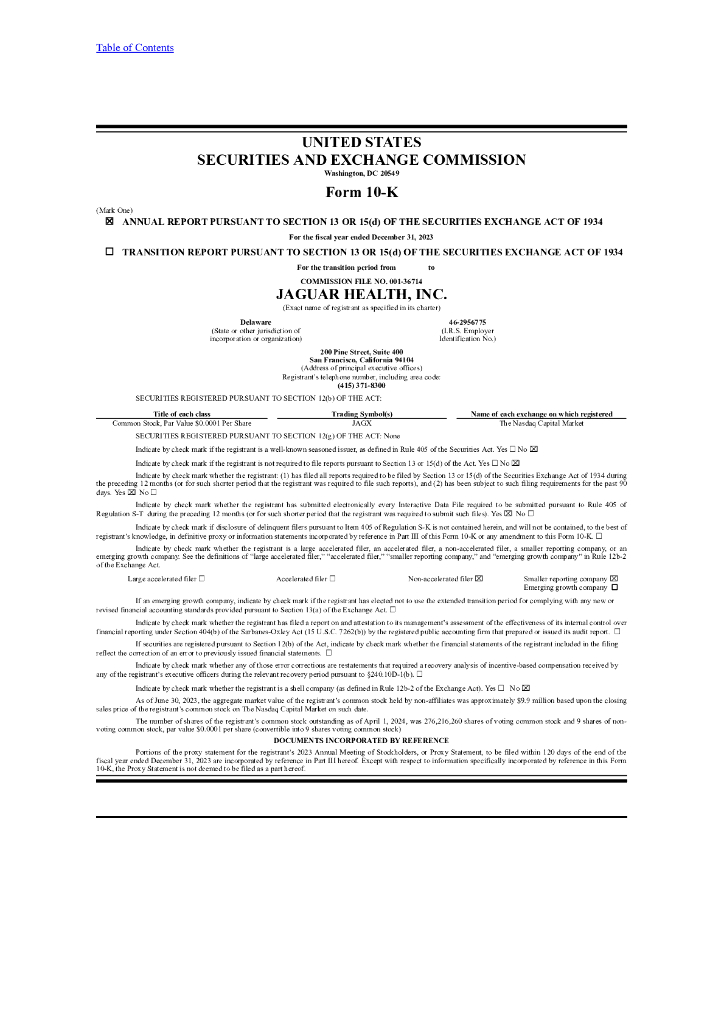 Jaguar Animal Health, Inc.（JAGX）2023财年年度报告（英文版）