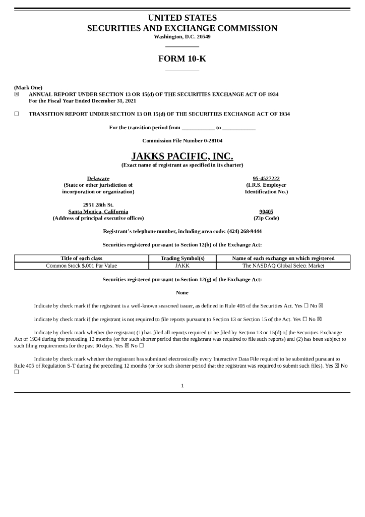 JAKKS Pacific Inc.（JAKK）2021财年年度报告（英文版）