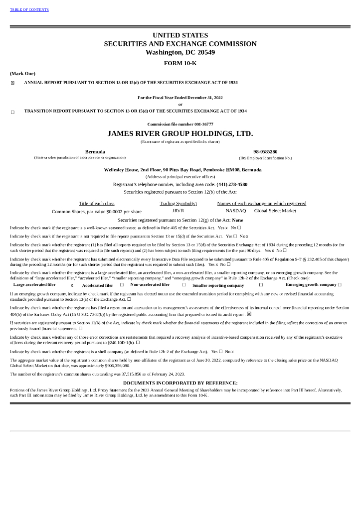 James River Group Holdings Ltd（JRVR）2022财年年度报告（英文版）