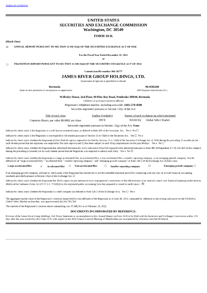 James River Group Holdings Ltd（JRVR）2021财年年度报告（英文版）