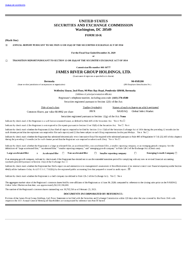 James River Group Holdings Ltd（JRVR）2020财年年度报告（英文版）