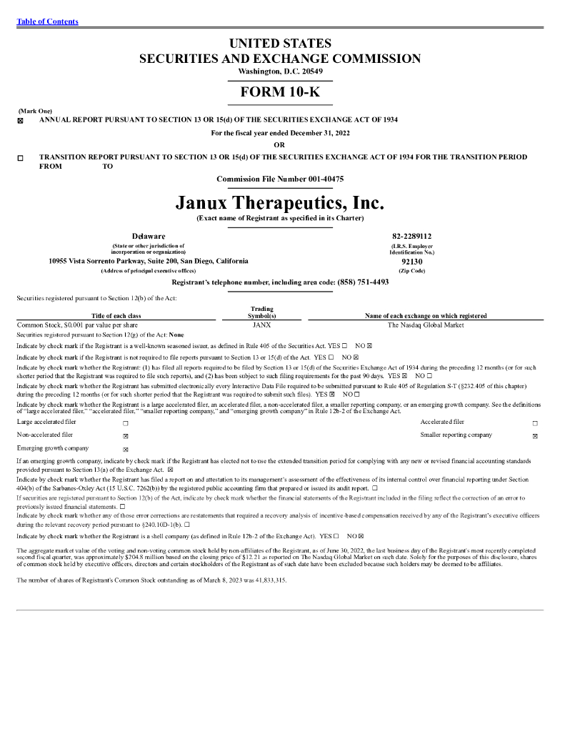 Janux Therapeutics, Inc.（JANX）2022财年年度报告（英文版）