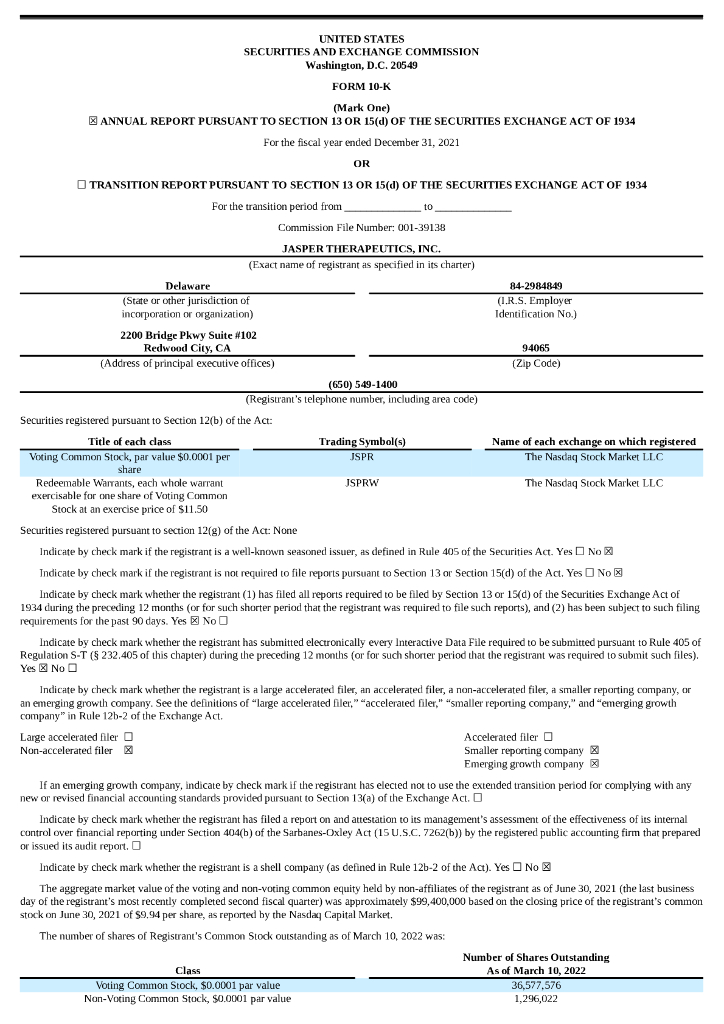 Jasper Therapeutics, Inc.（JSPR）2021财年年度报告（英文版）