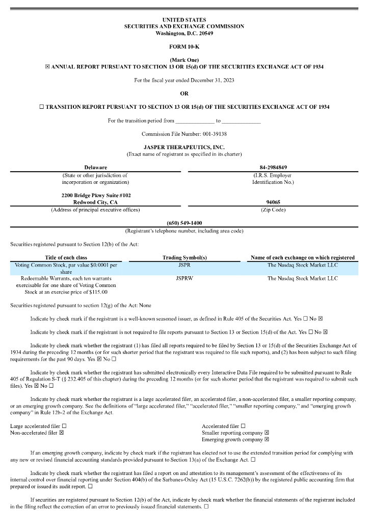 Jasper Therapeutics, Inc.（JSPR）2023财年年度报告（英文版）