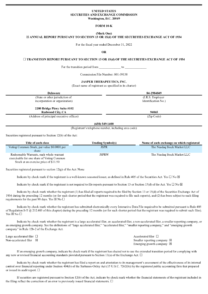 Jasper Therapeutics, Inc.（JSPR）2022财年年度报告（英文版）
