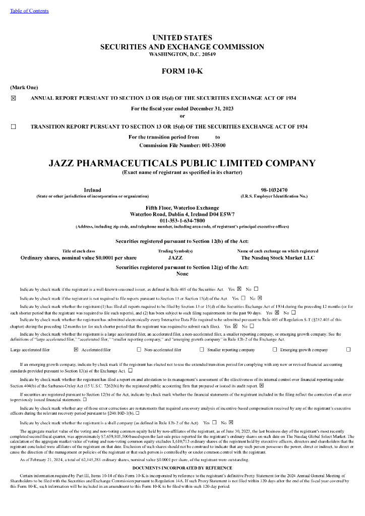 Jazz Pharmaceuticals,Inc.（JAZZ）2023财年年度报告（英文版）