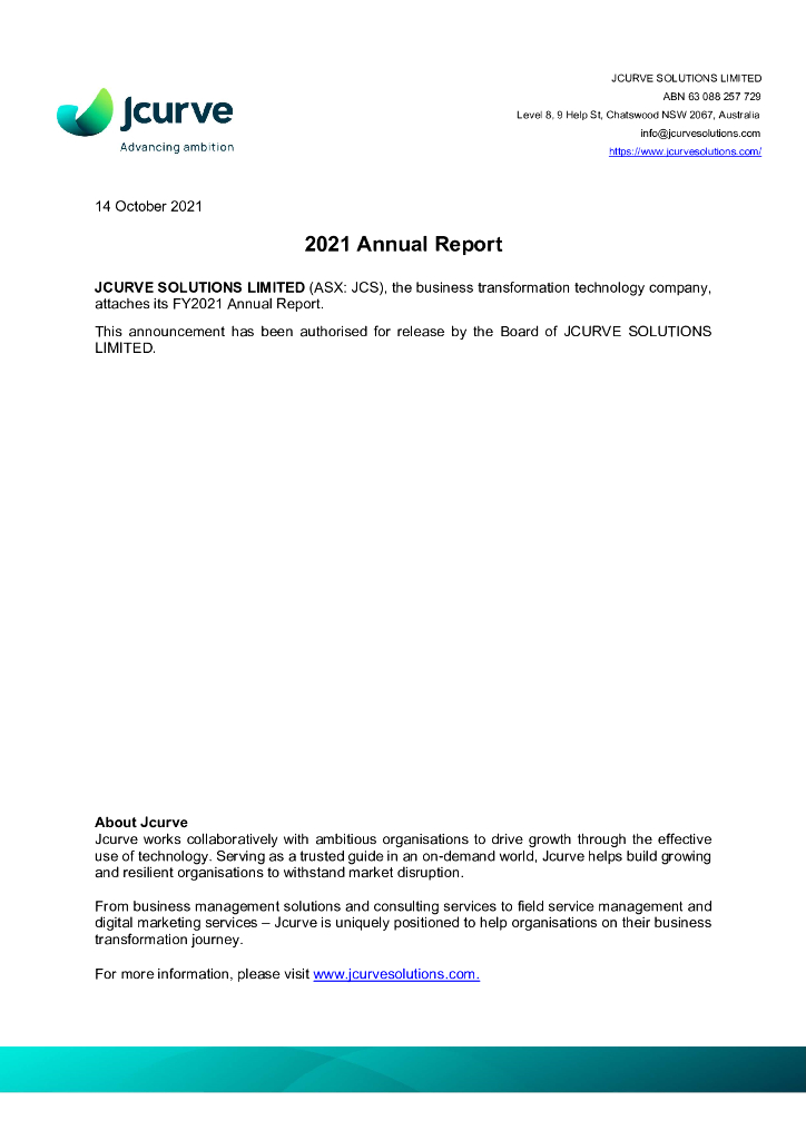 JCurve Solutions Limited（JCS）2021财年年度报告（英文版）