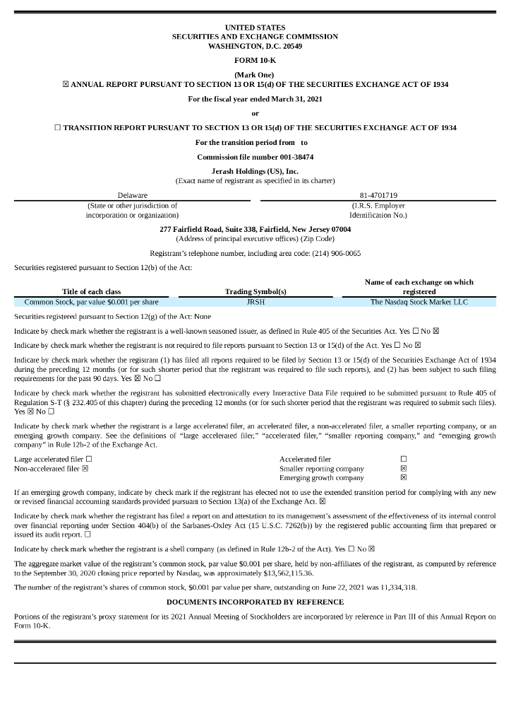 Jerash Holdings(US),Inc.（JRSH）2021财年年度报告（英文版）