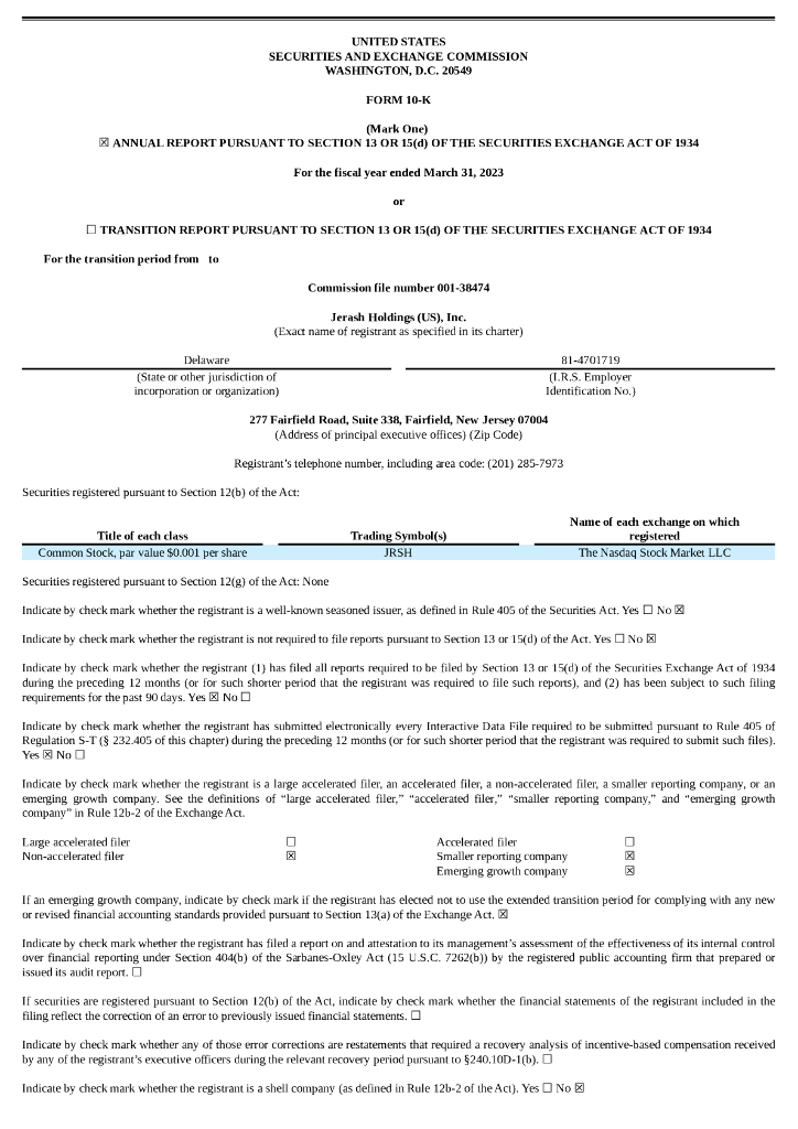 Jerash Holdings(US),Inc.（JRSH）2023财年年度报告（英文版）