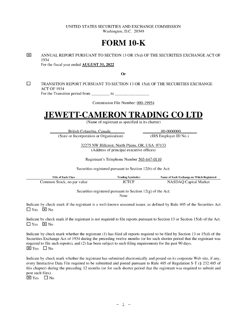 Jewett-Cameron Trading Company（JCTCF）2022财年年度报告（英文版）