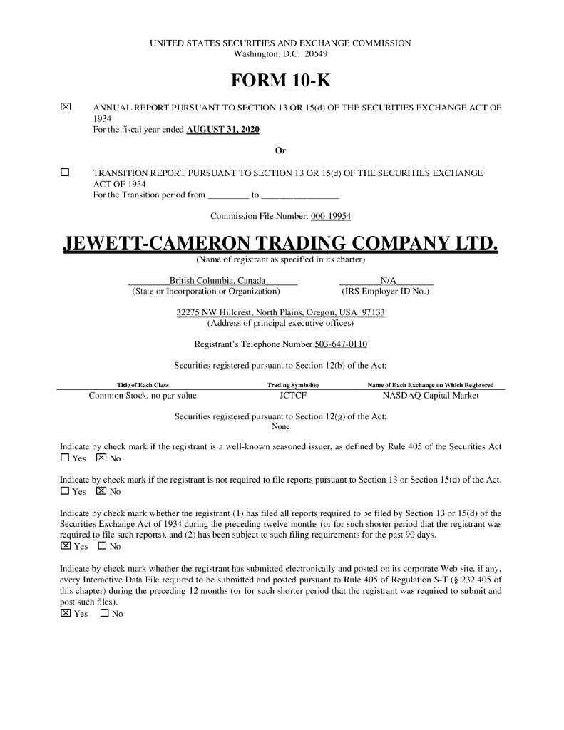 Jewett-Cameron Trading Company（JCTCF）2020财年年度报告（英文版）
