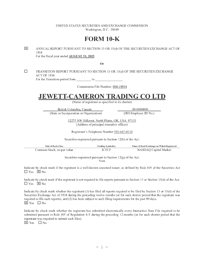 Jewett-Cameron Trading Company（JCTCF）2023财年年度报告（英文版）