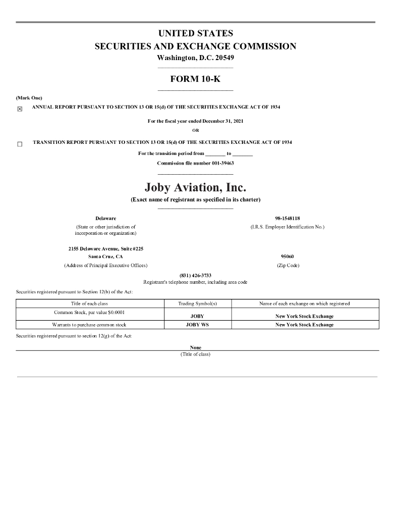 Joby Aviation, Inc.（JOBY）2021财年年度报告（英文版）