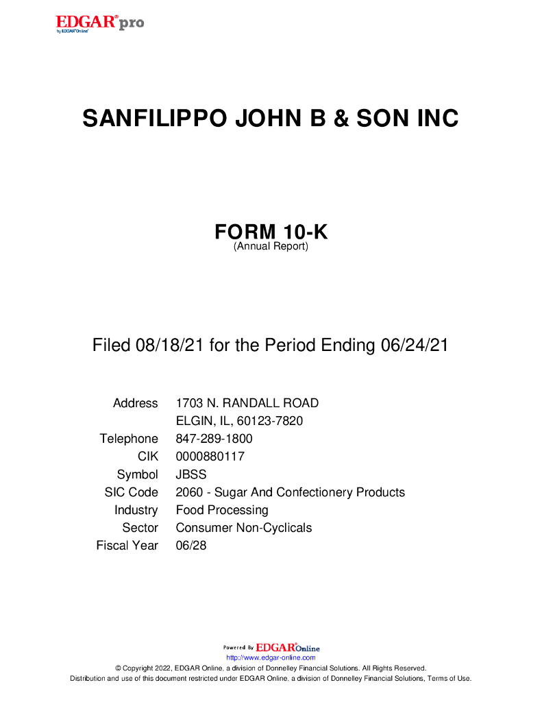 John B Sanfilippo & Son Inc.（JBSS）2021财年年度报告（英文版）