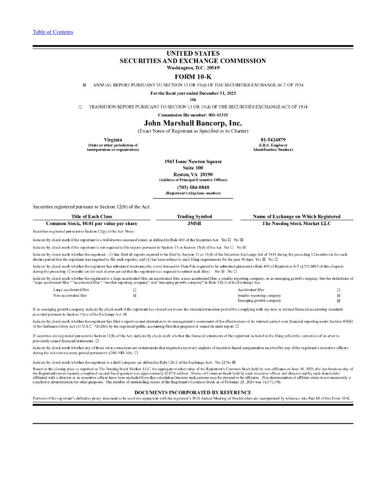 John Marshall Bancorp,Inc.（JMSB）2023财年年度报告（英文版）