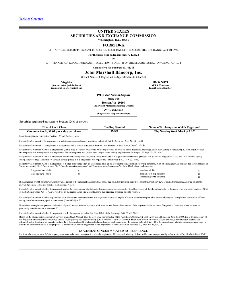 John Marshall Bancorp,Inc.（JMSB）2022财年年度报告（英文版）